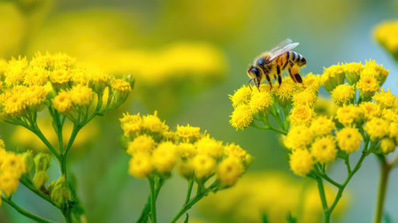 A stunning close-up image of a honeybee collecting nectar from vibrant yellow flowers, highlighting the beauty of pollination in a sunny garden environment.の素材