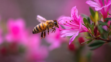 A stunning close-up image showcasing a honeybee gracefully pollinating a vibrant pink flower, emphasizing the crucial role of bees in our ecosystems and nature.の素材