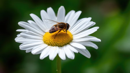 A beautiful close-up image of a honeybee pollinating a white daisy, showcasing the intricate details of the flower and insect against a lush green background.の素材