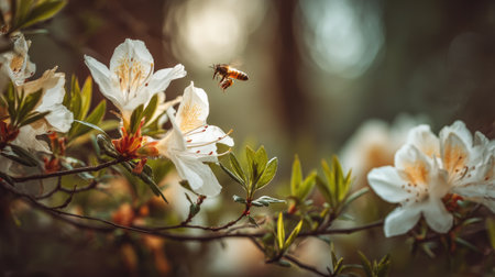 A captivating honeybee hovers near white azalea blossoms in a serene garden during spring. The soft natural light enhances the vibrant colors and tranquility.の素材