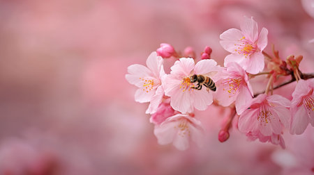 A captivating close-up view of a bee pollinating cherry blossom flowers, showcasing the soft pink petals against a blurred background, embodying spring's charm.の素材