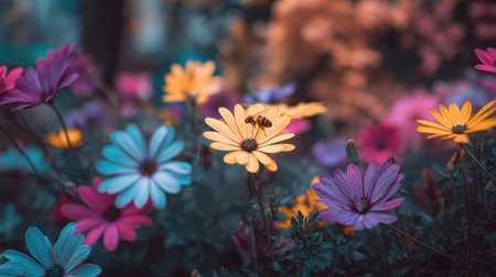 A stunning floral garden bursting with colors featuring a bee on a bright flower. The enchanting scene showcases nature's beauty and the importance of pollinators.の素材