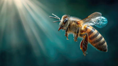 This stunning close-up image showcases a honey bee in mid-flight, capturing the intricate details of its features and wings against a softly lit background.の素材