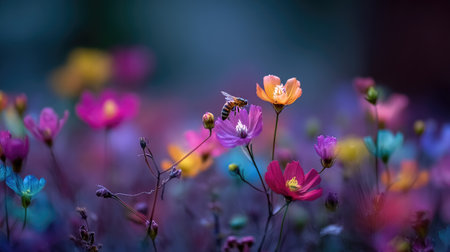 A stunning collection of colorful flowers fills the frame with a busy bee collecting nectar, creating a serene and vibrant atmosphere in a beautiful garden setting.の素材