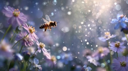 A serene scene depicting a bee hovering over vibrant flowers in a captivating garden. Soft light and gentle sparkles enhance the beauty of nature's pollination process.の素材