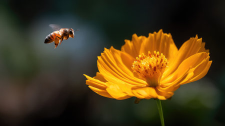 A captivating image of a bee hovering near a bright yellow flower, showcasing the beauty of nature and the vital role of pollinators in the ecosystem.の素材