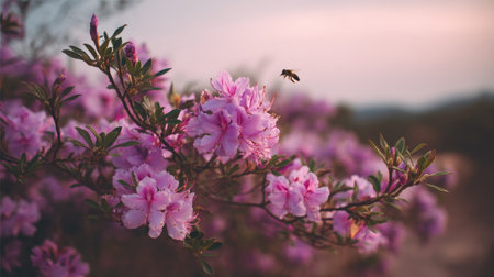 Beautiful pink azalea flowers attract a bee in a serene garden scene. The soft sunset light enhances the vibrant colors, showcasing nature's delicate beauty.の素材