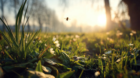 A serene scene showcasing a bee in flight above delicate flowers at sunrise. This image captures the essence of nature's beauty awakening during early morning hours.の素材