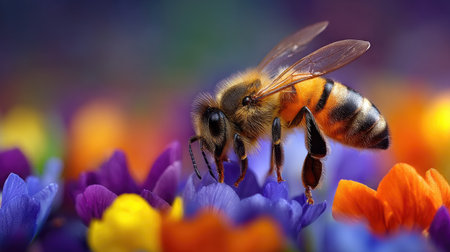 A stunning close-up of a honey bee as it gathers pollen from vivid flowers in a garden. The colorful blooms create a captivating atmosphere, showcasing nature's beauty.の素材