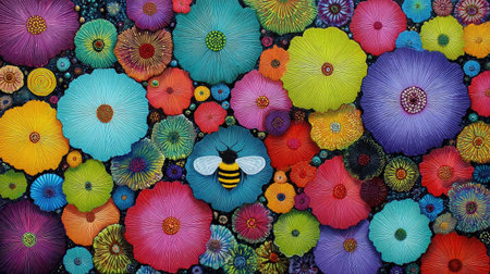 A stunning visual of colorful flowers with intricate textures, showcasing a bumblebee amidst a vibrant garden scene, perfect for nature enthusiasts and art lovers.の素材