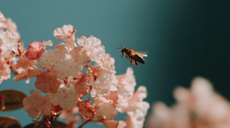 A stunning close-up image showcasing a bee gracefully hovering over a blooming pink flower against a soft blurred background, capturing the essence of nature's beauty.の素材