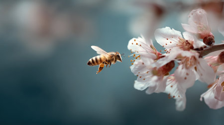 A stunning close-up captures a honeybee in mid-flight approaching delicate pink cherry blossoms. The soft blue background enhances the beauty of spring, highlighting nature's intricate beauty.の素材