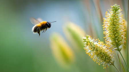 A bumblebee hovers gracefully near a yellow flower in a serene garden, showcasing the beauty of nature and the essential role of pollinators in the ecosystem.の素材