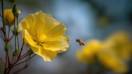 A stunning yellow flower with a bee hovering nearby, creating a captivating scene showcasing the beauty of nature and the essential pollination process in action.の素材
