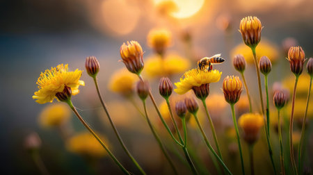 Captivating close-up view of yellow flowers blooming with a bee engaged in pollination during a serene sunset, showcasing the beauty of nature.の素材