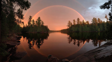 A stunning view of a tranquil lake at sunset, featuring a double rainbow arching over the water, surrounded by lush pine trees and a serene atmosphere.の素材