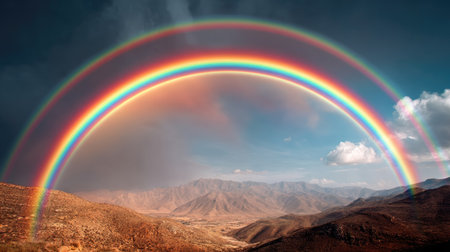 A breathtaking view of a vibrant double rainbow spanning over a majestic mountain range, showcasing nature's beauty in a tranquil outdoor landscape with dramatic skies.の素材