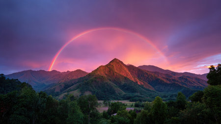 Breathtaking view of majestic mountains bathed in warm sunset hues, featuring a vibrant rainbow arch. A stunning natural scene conveying tranquility and beauty.の素材