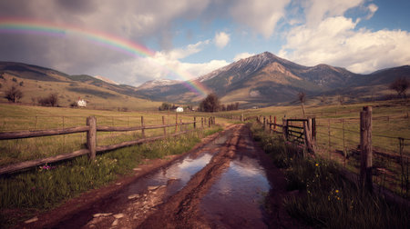 A tranquil country road leads through lush greenery, with a striking rainbow arching over majestic mountains. Perfect for capturing the essence of nature's beauty.の素材