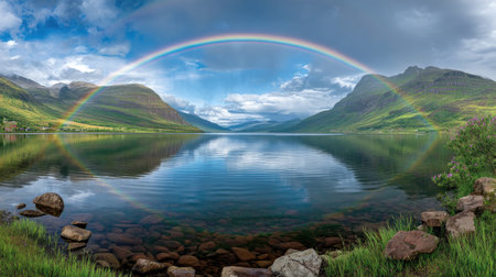 A stunning view of a rainbow arching gracefully over a calm lake, framed by majestic mountains and a bright, inviting sky, capturing the essence of nature's beauty.の素材