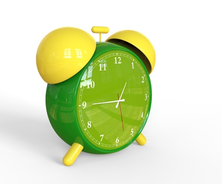 Green old style alarm clock isolated on whiteの写真素材