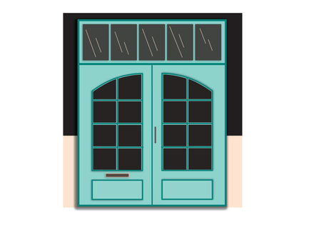 Vector illustration of a wooden door with a window in a flat style.のイラスト素材
