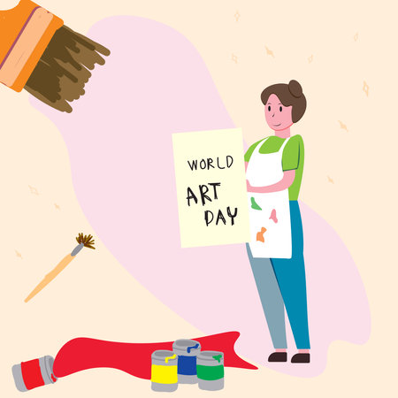 World Art Day vector illustration in flat style. Woman painter with paintbrush and cans of paint.のイラスト素材