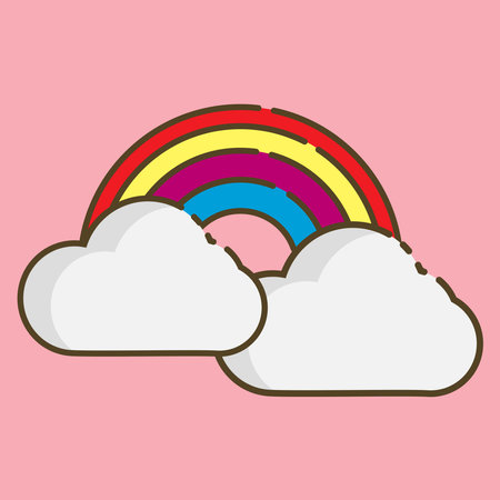 Rainbow and clouds. Vector illustration in flat style. Isolated on pink background.のイラスト素材