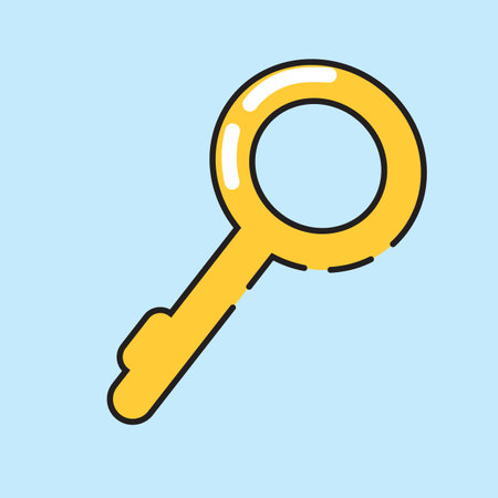 Search icon. Yellow magnifying glass on blue background. Vector illustrationのイラスト素材