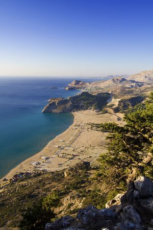 View on Tsambika (Tsampika) beach on Rhodes Island, Greece from the Tsampika Monasteryの写真素材