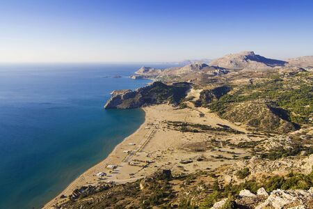 View on Tsambika (Tsampika) beach on Rhodes Island, Greece from the Tsampika Monasteryの写真素材