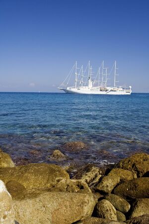 see cruise background with copy space and a passenger liner mimicking old style shipsの写真素材