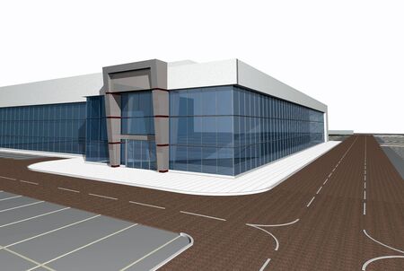 3D render of modern building exterior isolated over white backgroundの写真素材