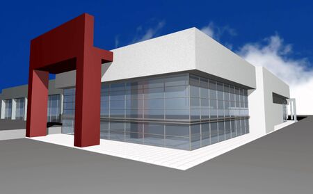 3D render of modern business center, isolated over blue skyの写真素材