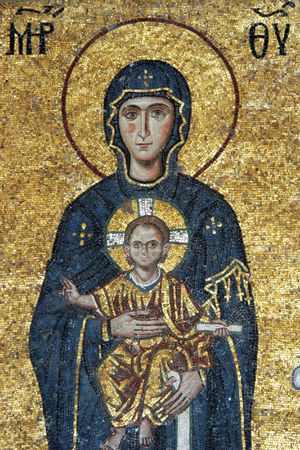Mosaic of Virgin Mary and Jesus Christ in Hagia Sofia church, Istanbul, Turkey                                のeditorial素材