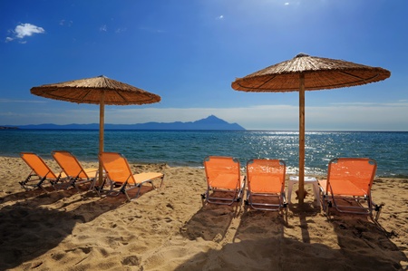 Beach scene from Sarti, Sithonia, Halkidiki, Greeceの写真素材