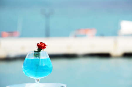 Red rose against blury harbore in Parga, Greeceの写真素材