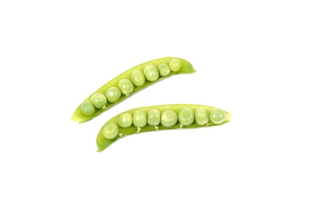 Pods of fresh organic green peas, isolated on a white background
