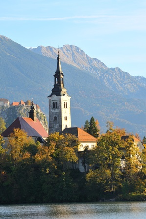 BLED-OCTOBER 19 Historical church and monastery in Bled, Slovenia on October 19,2012 The historic church with monastery is one of most preserved midle age architectural heritage sites in Sloveniaのeditorial素材