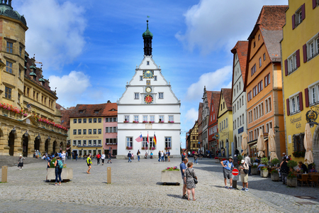 ROTHENBURG OB DER TAUBER, GERMANY - JULY 11: Street view of Rothenburg ob der Tauber at Marktplatz, on July 11. 2017 in Rothenburg ob der Tauber, Germanyのeditorial素材