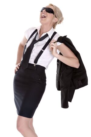 Positive business woman smiling over white background の写真素材