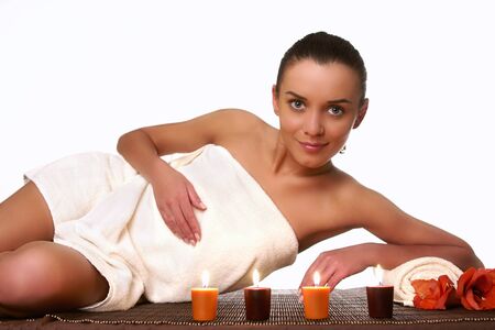 Beautiful young woman on a light backgroundの写真素材