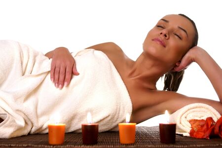 Beautiful young woman on a light backgroundの写真素材