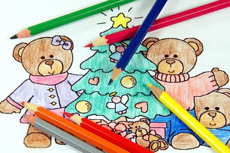 Colored drawing by a child with colored pencilsの写真素材