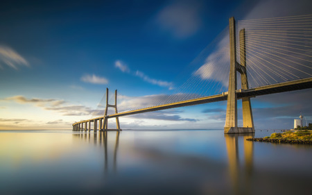 Vasco da Gama bridge in Lisbon, Portugal at sunriseの写真素材