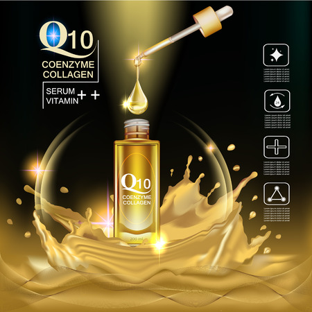 Q10  coenzyme , collagen and Serum , Background Vector Concept with dropper , gold water drop and gold package  in lighting effect ellipseのイラスト素材