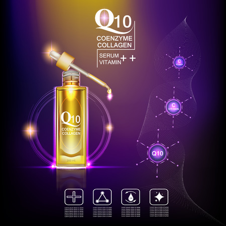 Q10  coenzyme , collagen and Serum , Background Vector Concept with gold package  in lighting effect ellipseのイラスト素材