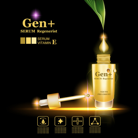 Gen+ , Serum regenerist , Gold bottle with gold droplet from green leaf on lighting effect , Vector illustration.のイラスト素材