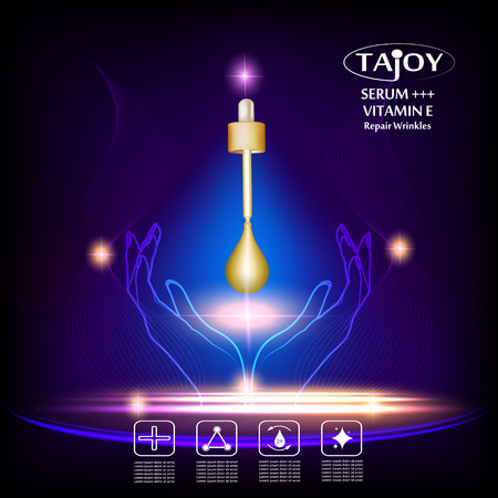 Tajoy , Serum repair wrinkles , Background Vector Concept with gold dropper and gold drop of water above two handsのイラスト素材