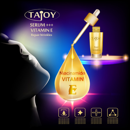 Tajoy , Serum repair wrinkles , Background Vector Concept with lady face  , gold dropper , gold drop of water and gold bottle  above  lighting effect ellipseのイラスト素材